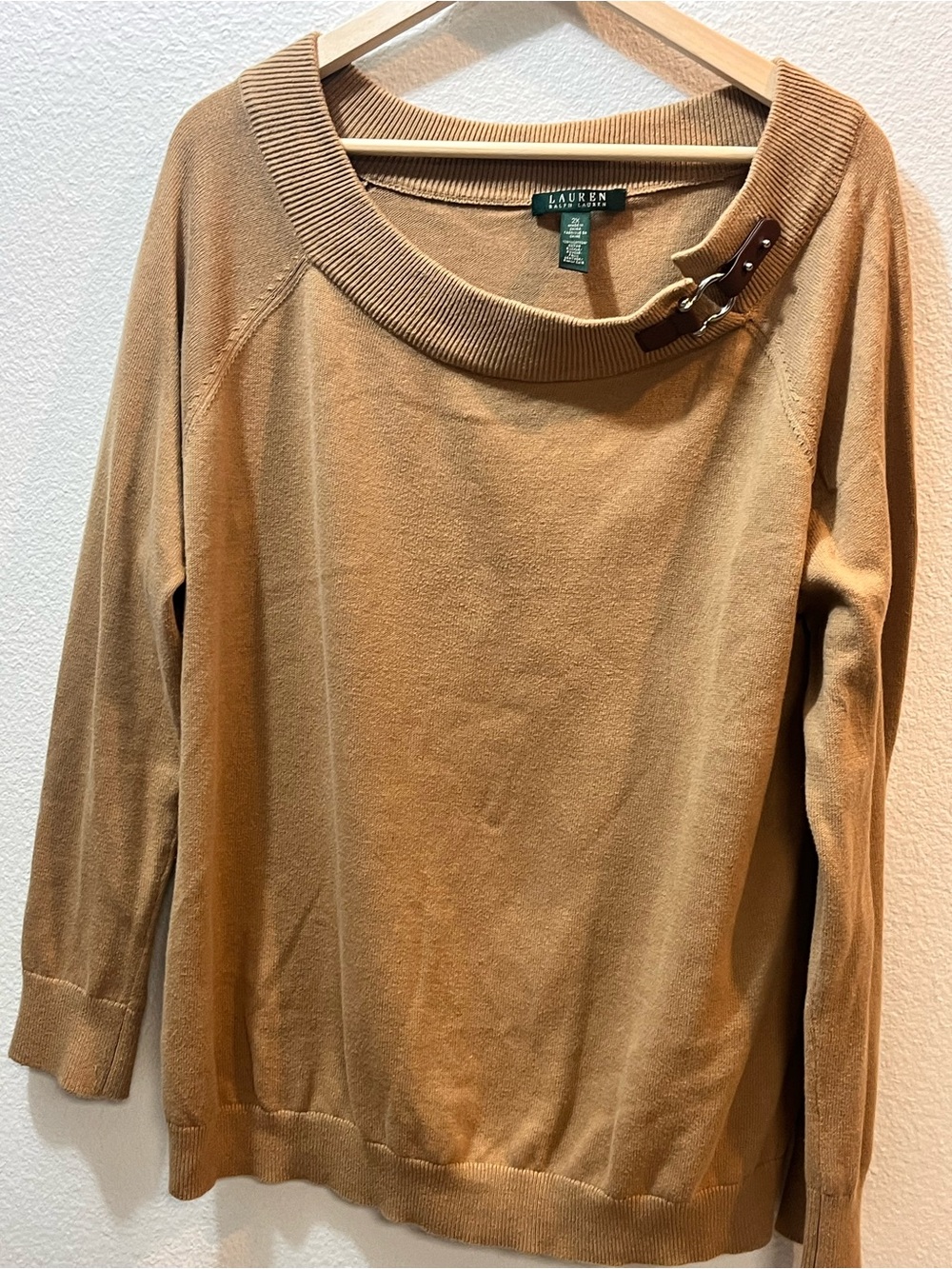 Ralph Lauren Camel Crewneck Sweater with Buckle Detail